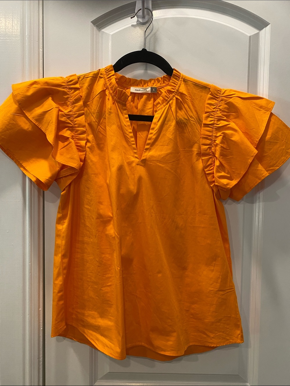 Women's Orange Ruffle Sleeve V-Neck Blouse